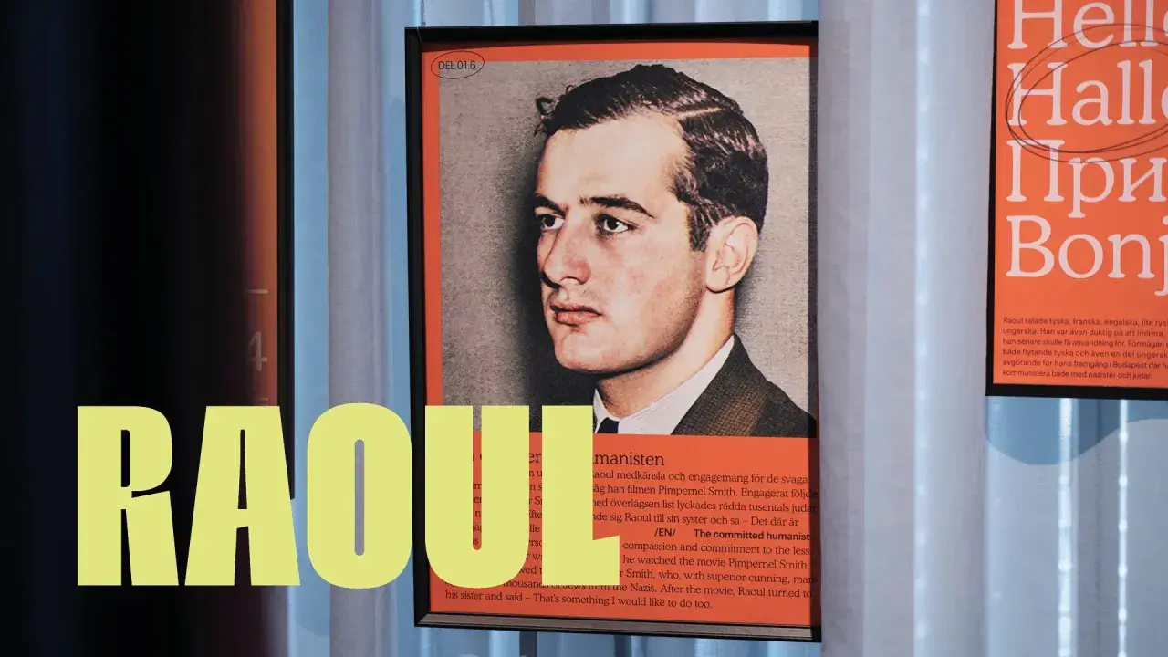 Porträtt av Raoul Oscar Wallenberg, en ung man i kostym. Texten lyfter fram hans mod och humanism.