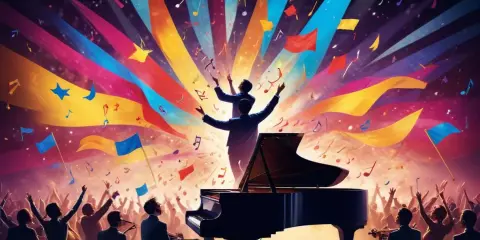 En orkester spelar vid en flygel, publiken jublar under färgsprakande banderoller och noter. En hyllning till svenska eurovision vinnare.