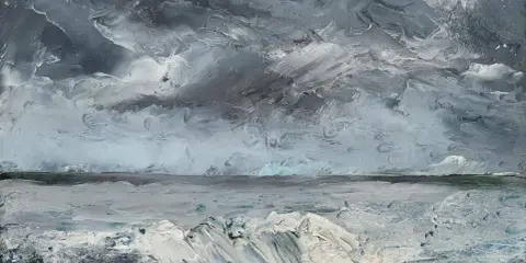 En dramatisk havsvy med tjocka, virvlande penseldrag som skapar en känsla av storm. En av många strindberg tavlor som fångar naturens råa kraft.