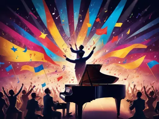 En orkester spelar vid en flygel, publiken jublar under färgsprakande banderoller och noter. En hyllning till svenska eurovision vinnare.