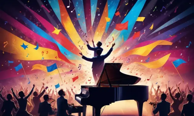 En orkester spelar vid en flygel, publiken jublar under färgsprakande banderoller och noter. En hyllning till svenska eurovision vinnare.