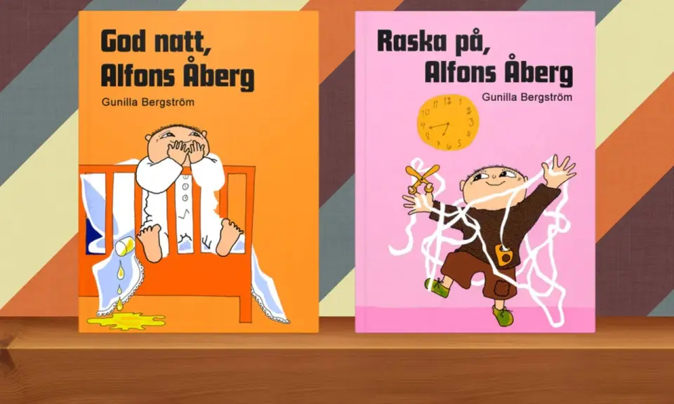 Två böcker av Gunilla Bergström: "God natt, Alfons Åberg" med en ledsen Alfons i sängen och "Raska på, Alfons Åberg" med en busig Alfons som klipper trådar.