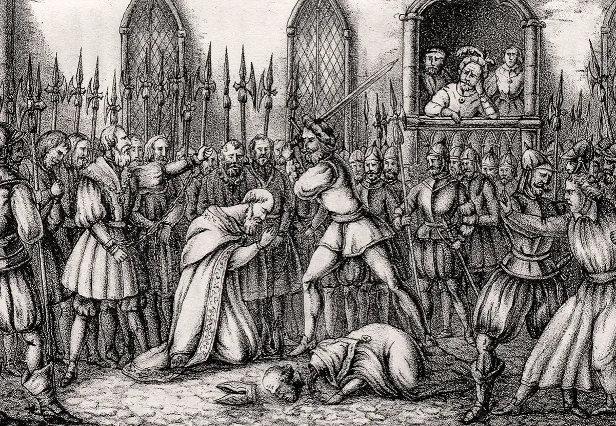 En dramatisk illustration av Stockholms blodbad. En man med sv&auml;rd h&ouml;jer det mot en kn&auml;b&ouml;jande pr&auml;st, omgiven av soldater och &aring;sk&aring;dare.