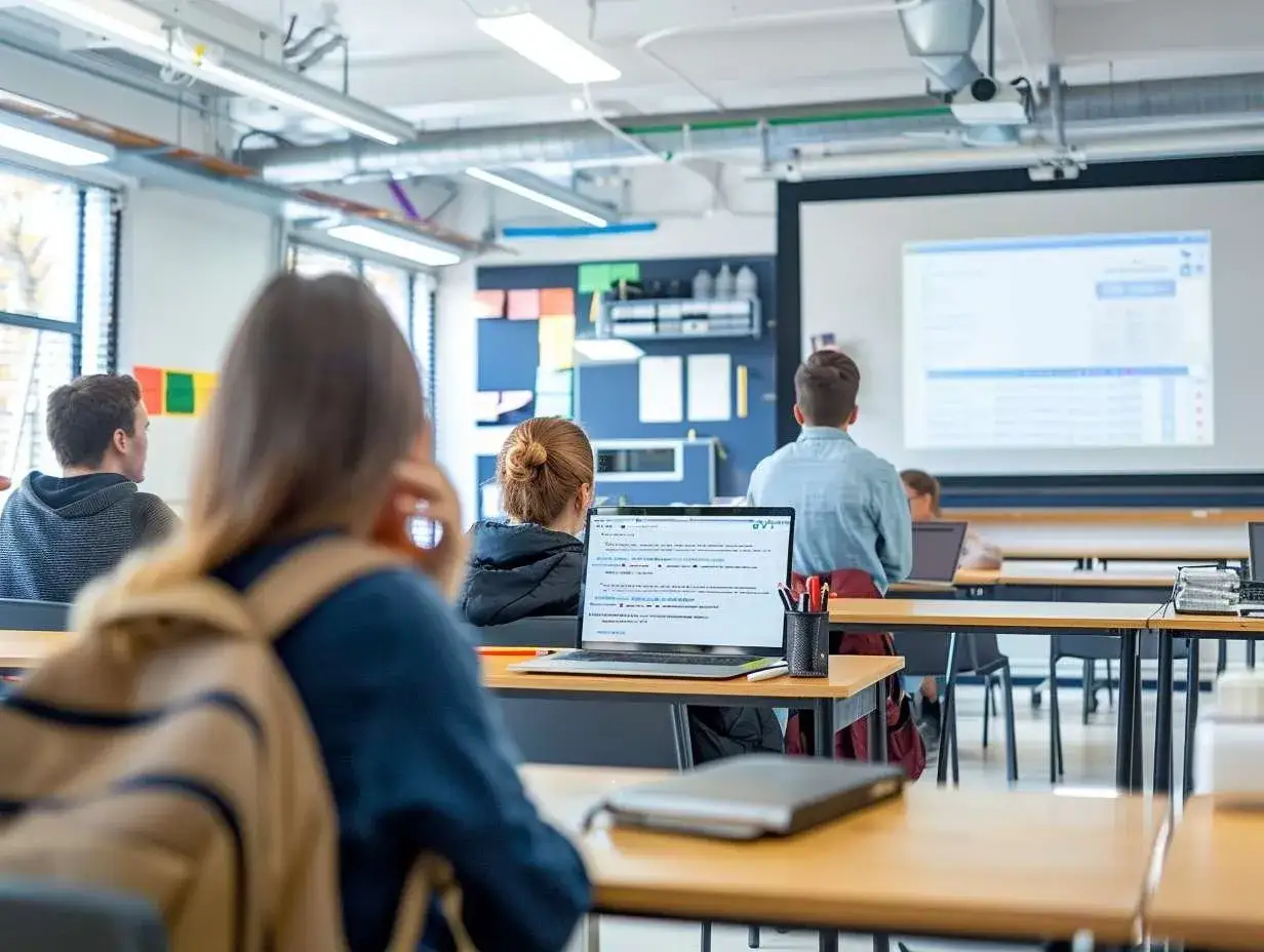 Elever i klassrummet följer en presentation om ai i skolan. En elev har en laptop öppen.