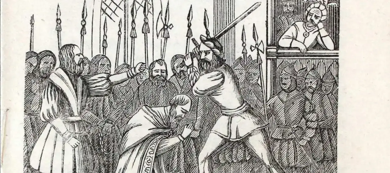 En dramatisk illustration av stockholms blodbad. En man med sv&auml;rd h&ouml;jer det mot en kn&auml;b&ouml;jande person. Soldater och &aring;sk&aring;dare ser p&aring;.