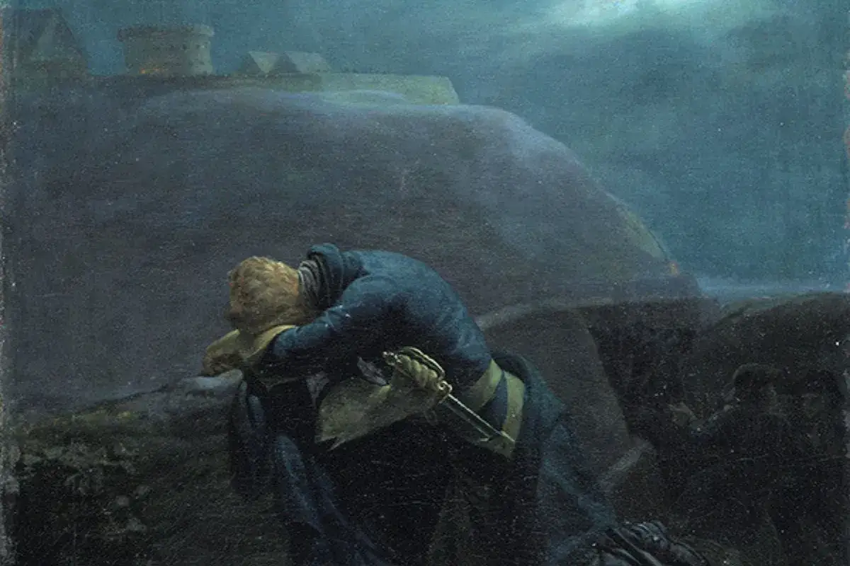 En soldat faller i m&ouml;rkret, en scen som kan p&aring;minna om hur dog Karl XII. En f&auml;stning skymtar i bakgrunden.