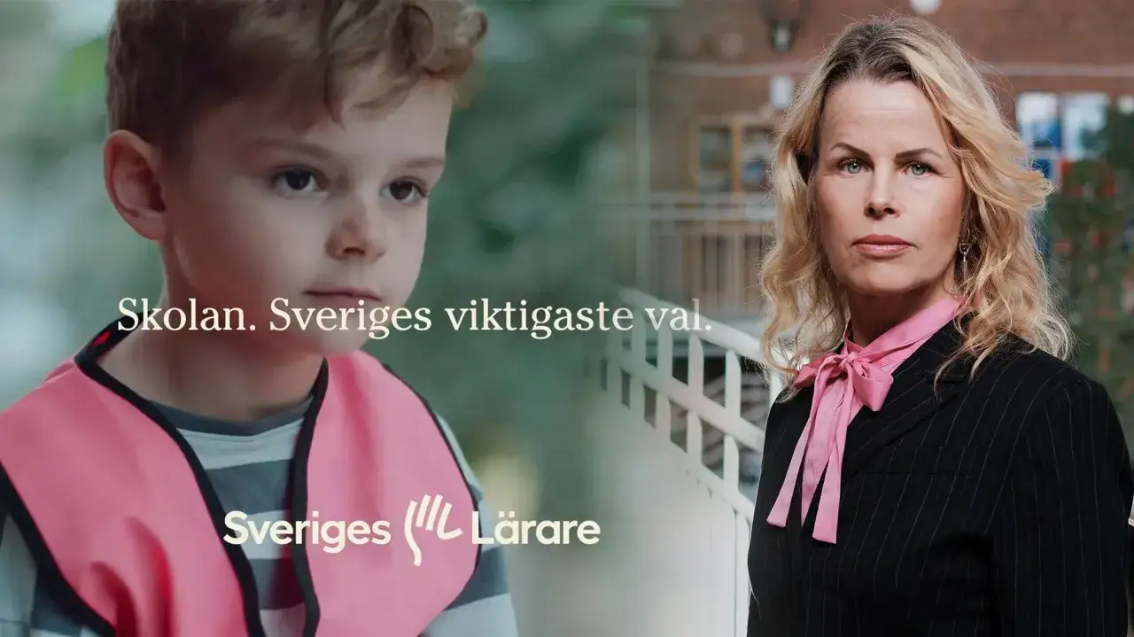 En pojke med rosa v&auml;st och en kvinna i kostym. Texten 