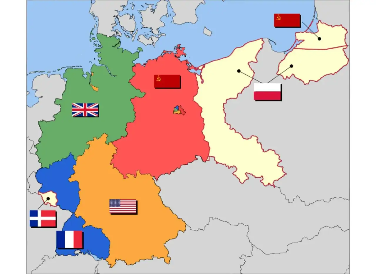 Karta &ouml;ver Tysklands ockupationszoner visar orsaker till kalla kriget. Sovjet, USA, Storbritannien och Frankrike delar upp landet.