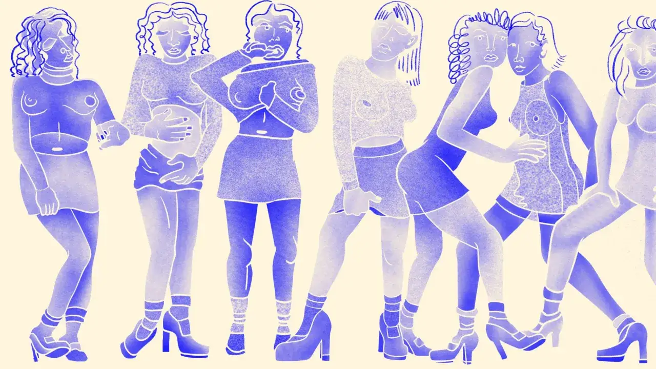 Illustration av kvinnor i olika poser, som visar en visuell ber&auml;ttelse om kroppsideal genom tiderna.