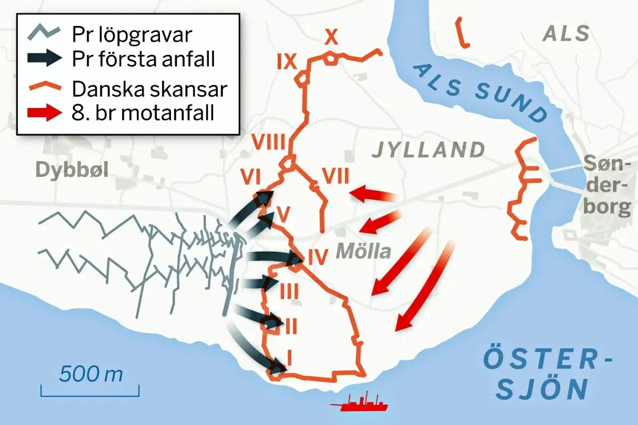 Karta &ouml;ver Dybb&ouml;l under kriget mellan Sverige och Danmark. Visar l&ouml;pgravar, anfall och danska skansar.