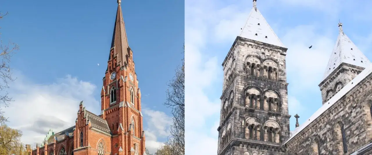 Tv&aring; kyrktorn: ett r&ouml;tt tegel, likt Helgo Zettervalls verk, och ett stenkl&auml;tt med romanska valv.