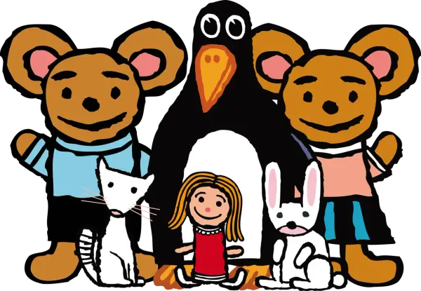 En glad grupp figurer från ett pino barnprogram: två björnar, en pingvin, en flicka, en vit katt och en vit kanin.